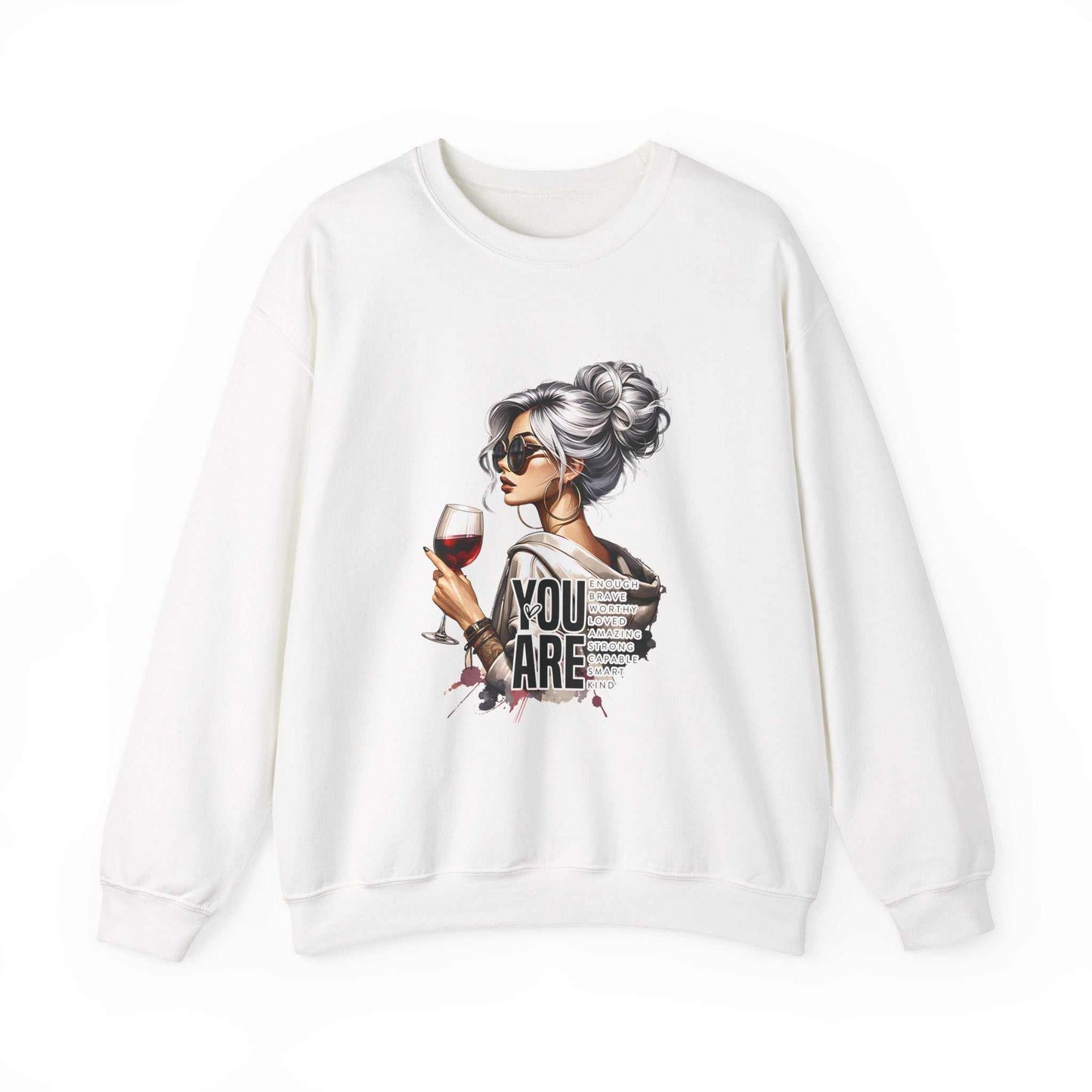 White sweatshirt with chic woman holding wine glass and "You Are Loved" text design