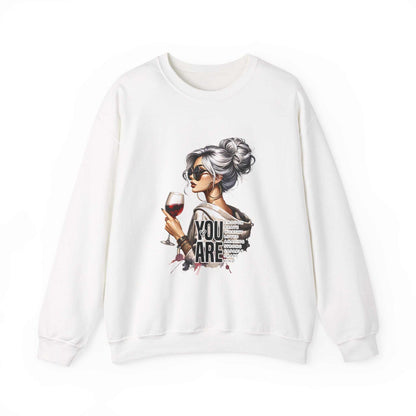 White sweatshirt with chic woman holding wine glass and "You Are Loved" text design