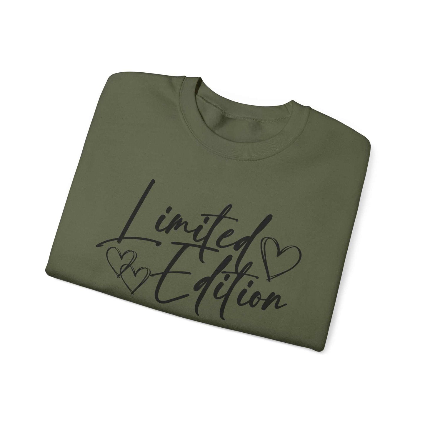 Limited Edition Script Hearts Sweatshirt with black script and hearts on white crewneck
