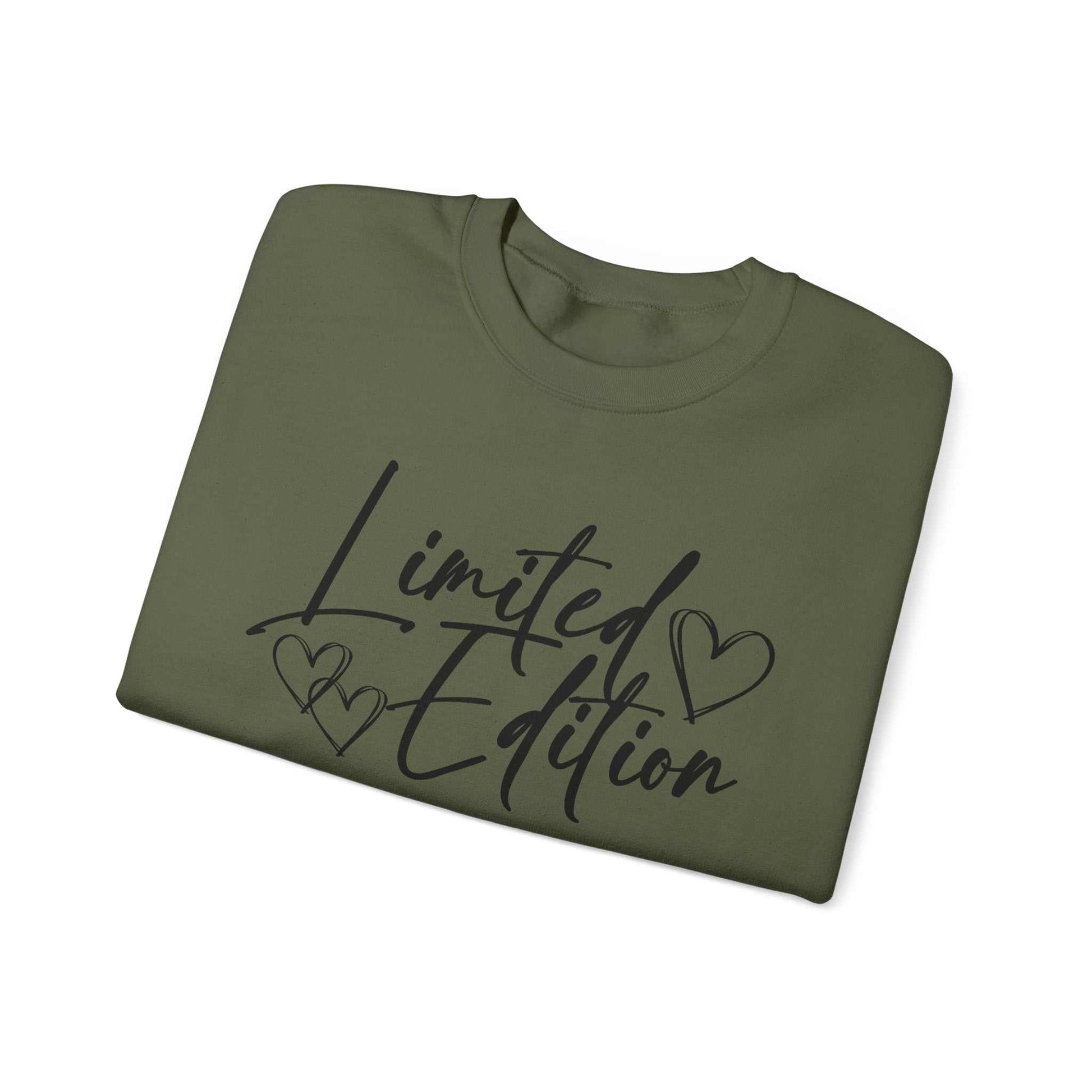 Limited Edition Script Hearts Sweatshirt with black script and hearts on white crewneck