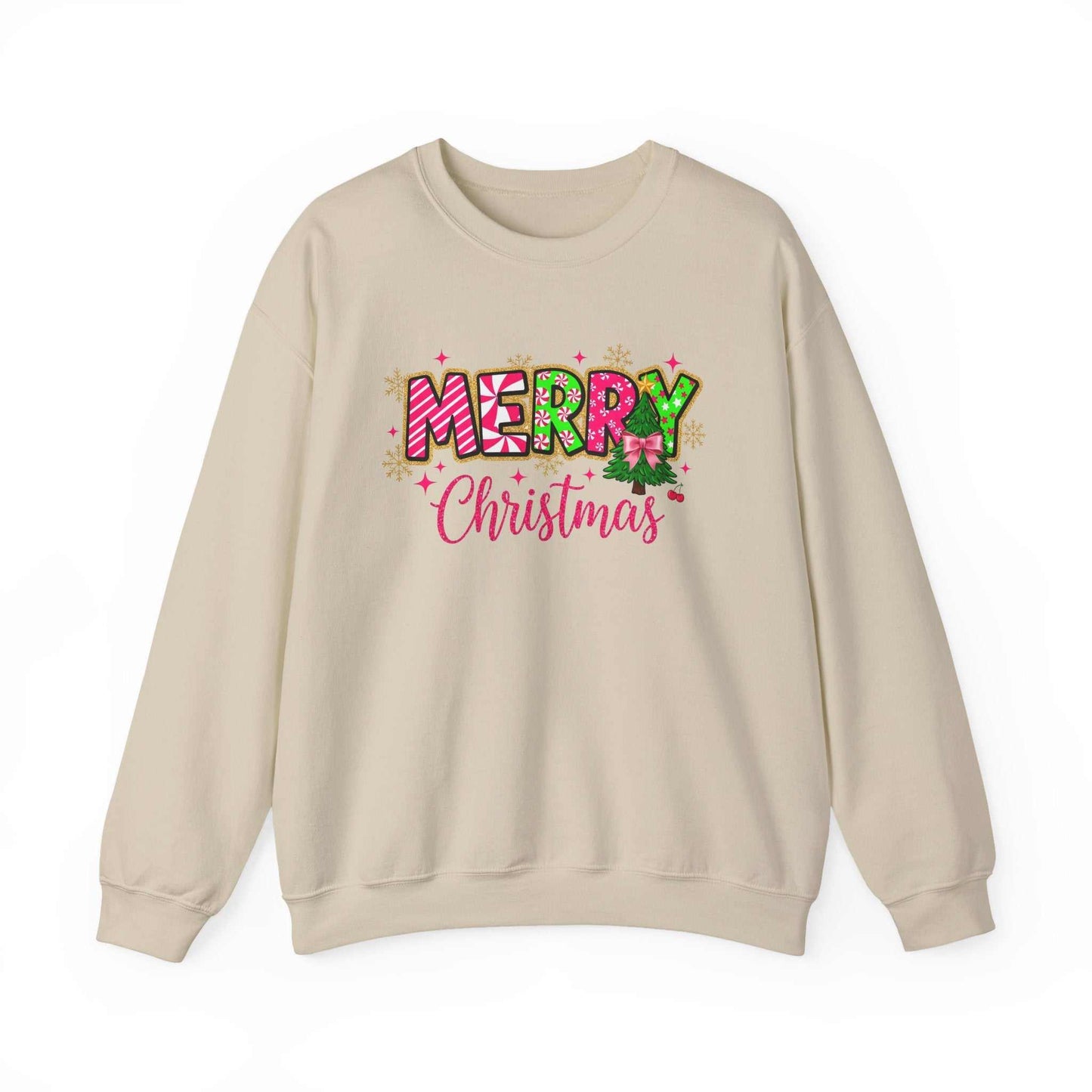 Beige Merry Christmas Candy Cane typography sweatshirt with festive colorful lettering and holiday-themed design