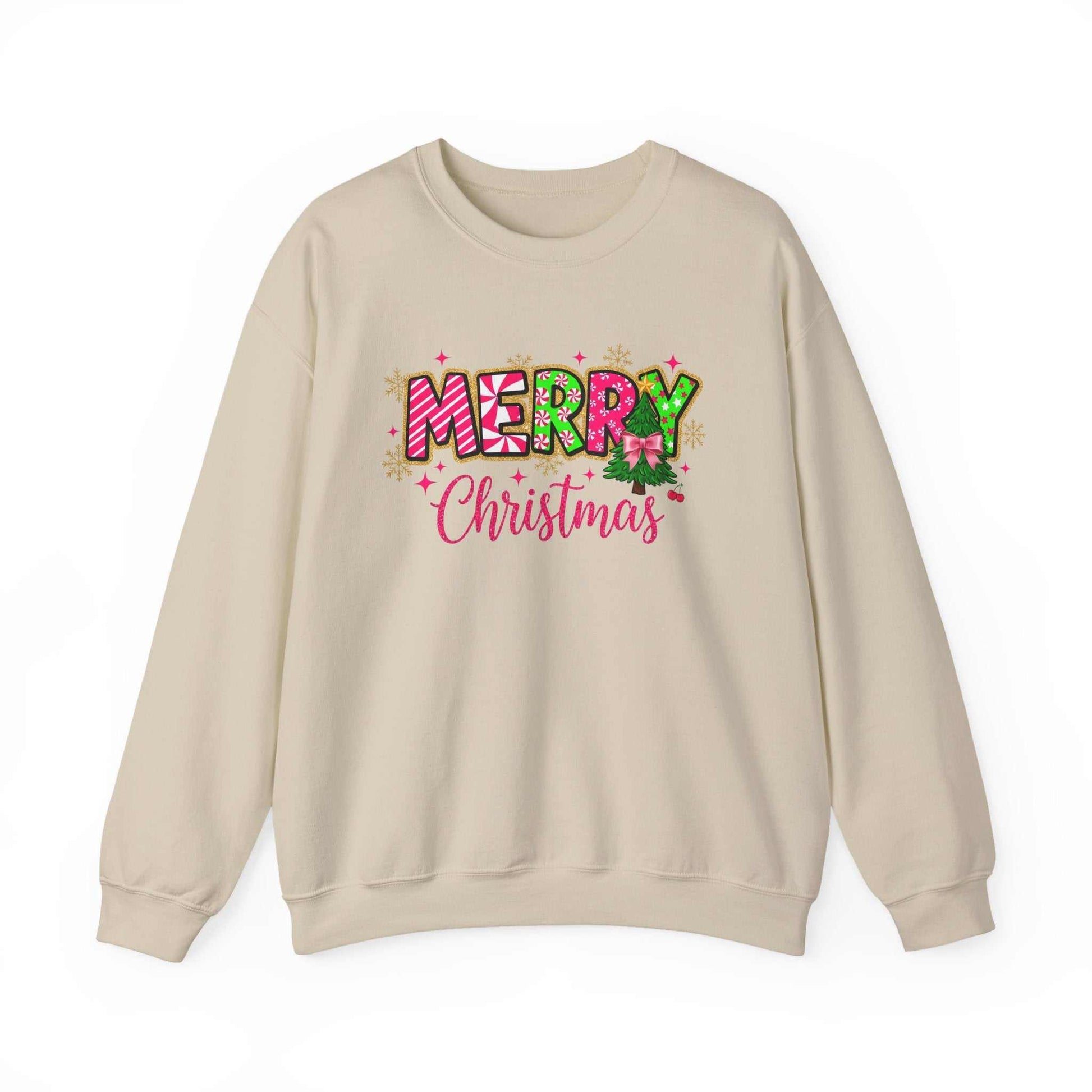 Beige Merry Christmas Candy Cane typography sweatshirt with festive colorful lettering and holiday-themed design