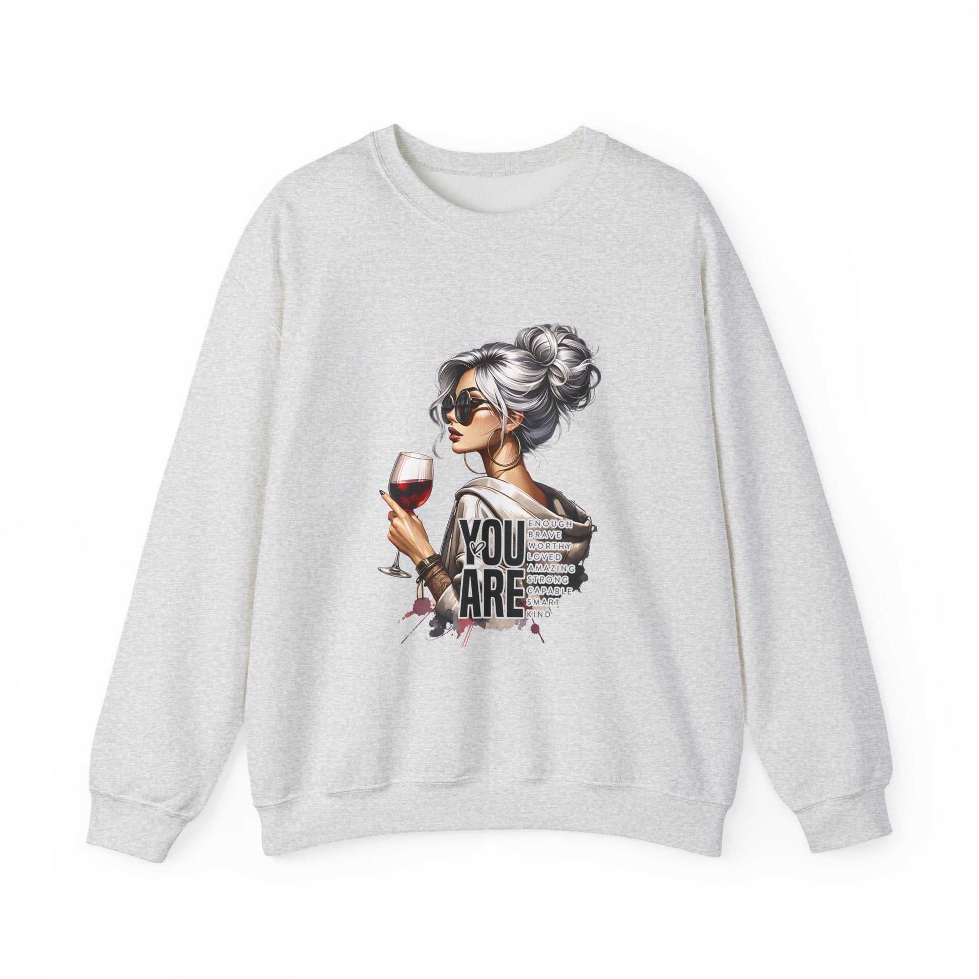 gray crewneck sweatshirt with chic woman holding glass of wine and "You Are Loved" text design