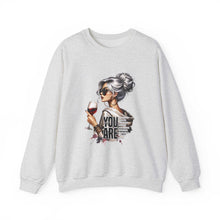 gray crewneck sweatshirt with chic woman holding glass of wine and "You Are Loved" text design