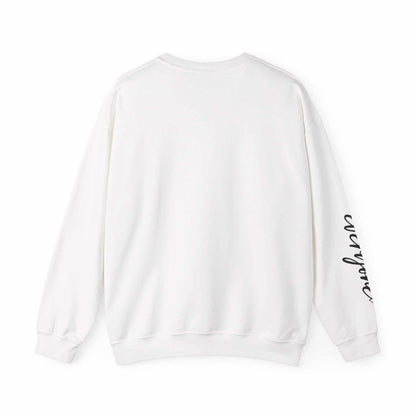White Limited Edition Script Hearts Sweatshirt with black script on chest and sleeve, cozy crewneck design