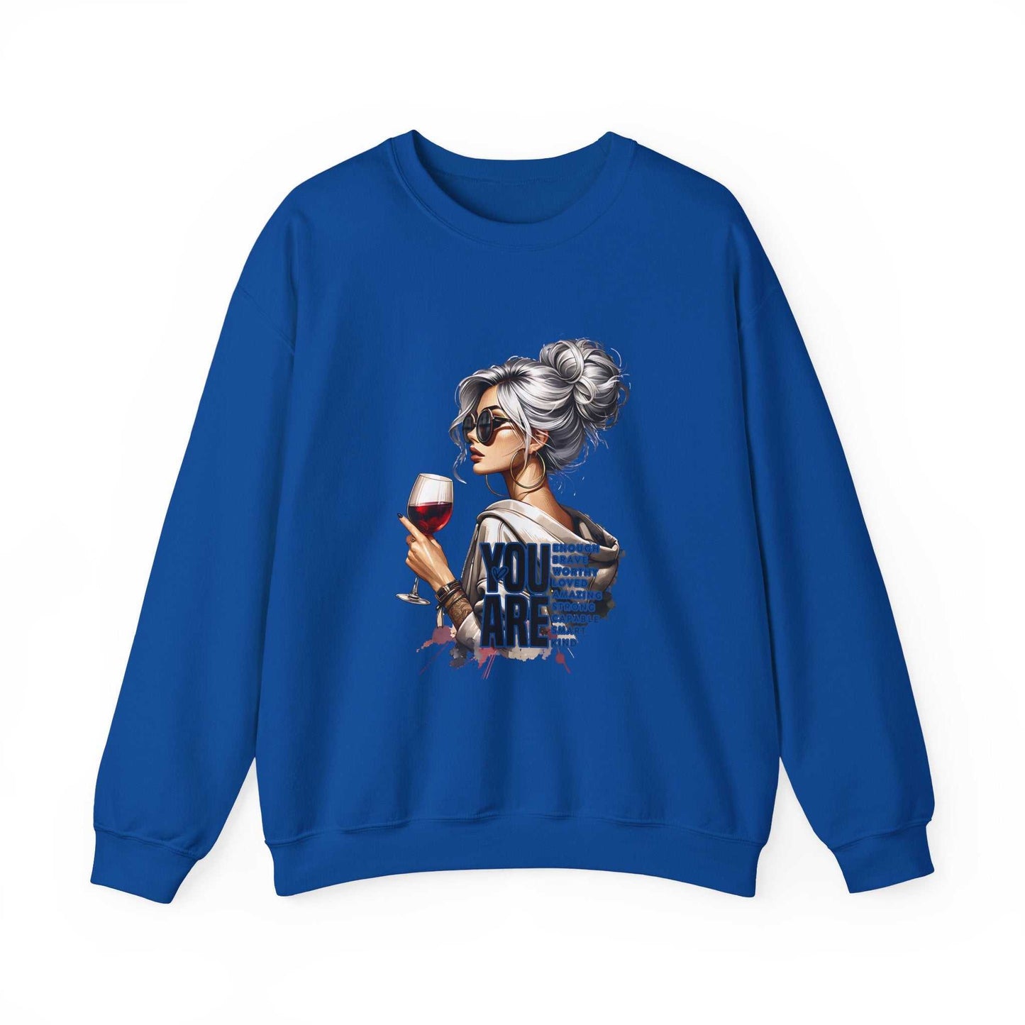 Chic Woman with Wine Sweatshirt blue crewneck with silver-haired woman holding wine glass graphic