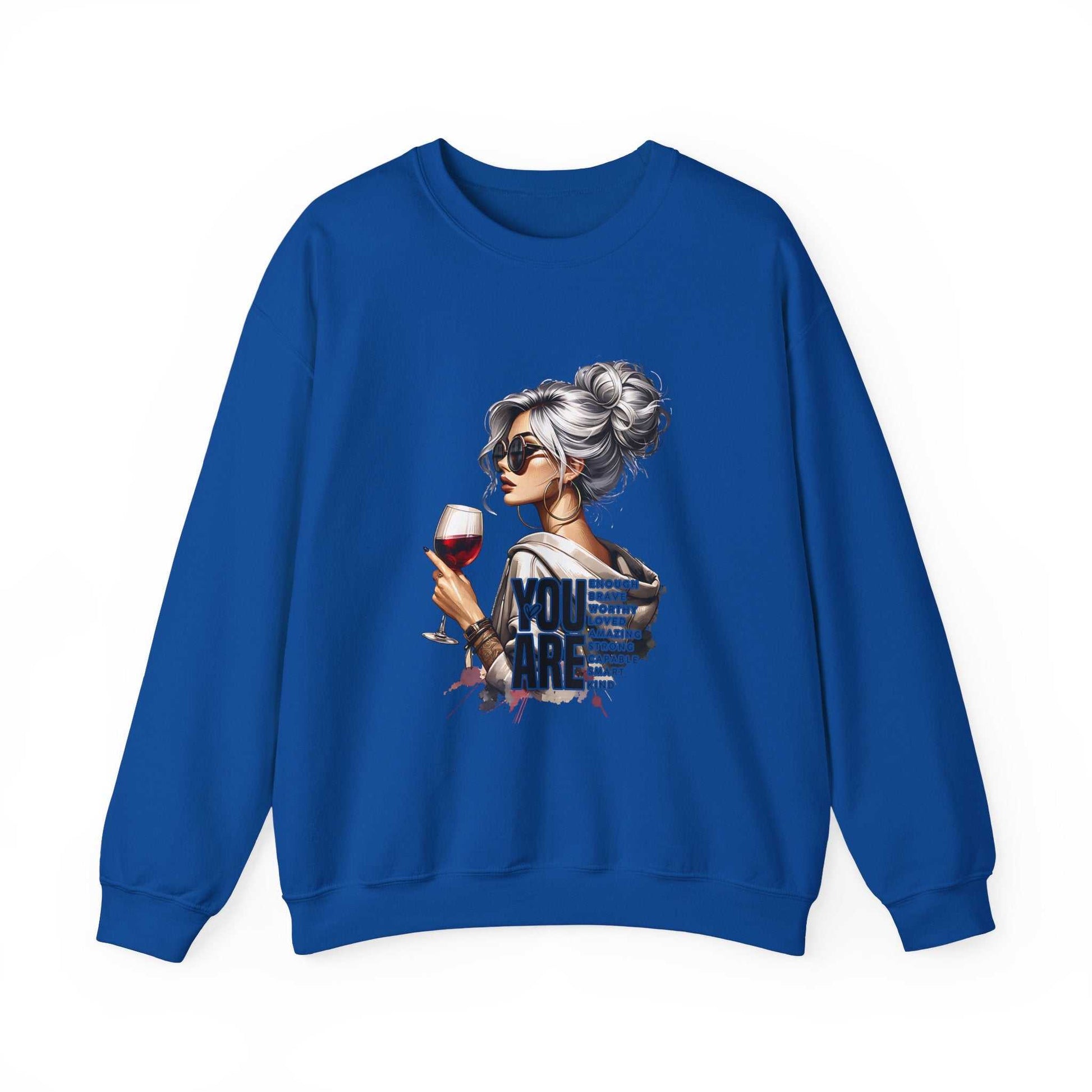 Chic Woman with Wine Sweatshirt blue crewneck with silver-haired woman holding wine glass graphic