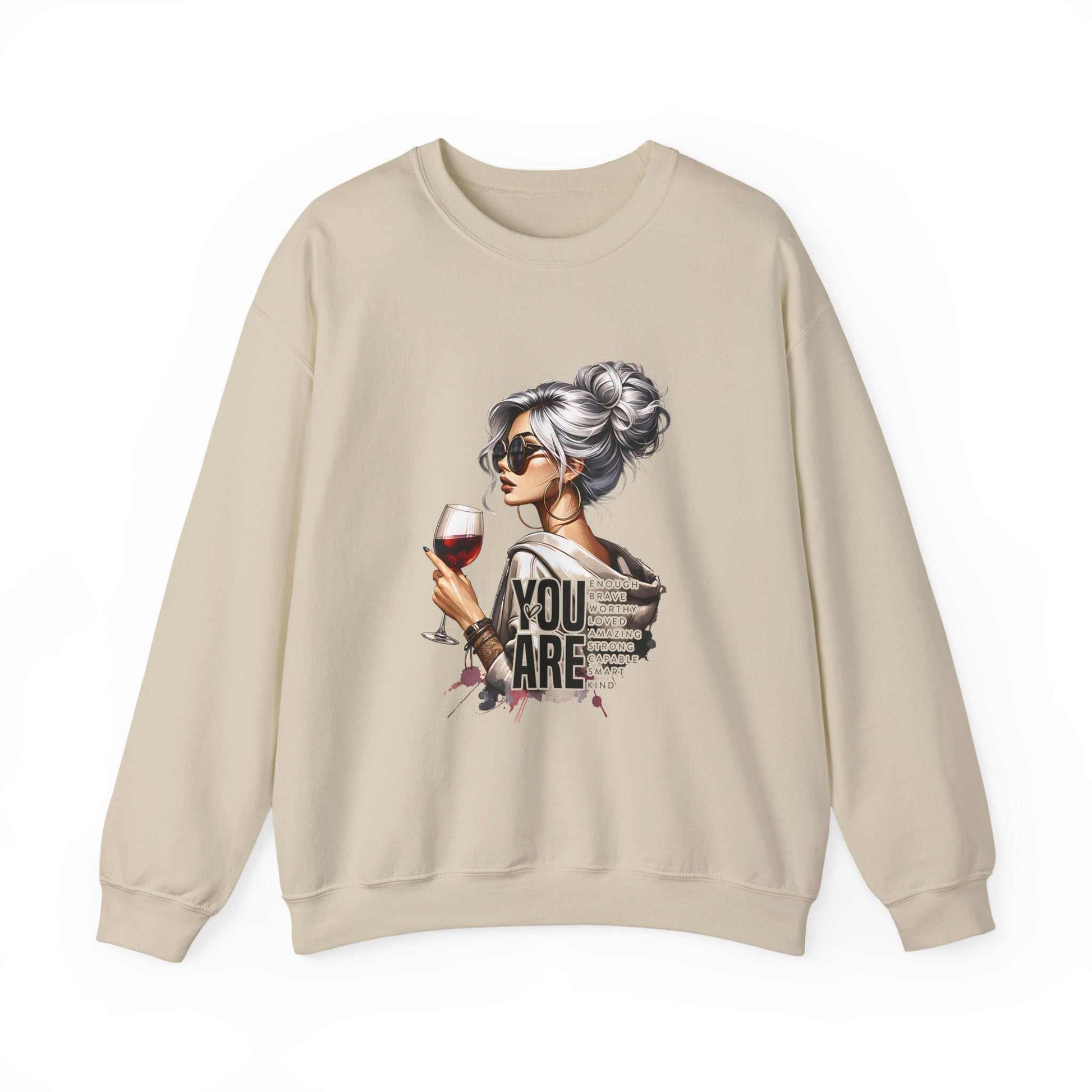 beige crewneck sweatshirt with graphic of chic woman with silver hair and sunglasses holding wine glass with "You Are Loved" text