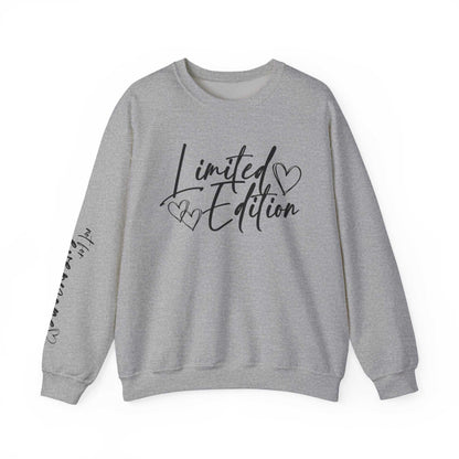Limited Edition Script Hearts gray crewneck sweatshirt with black script and heart designs on chest and sleeve