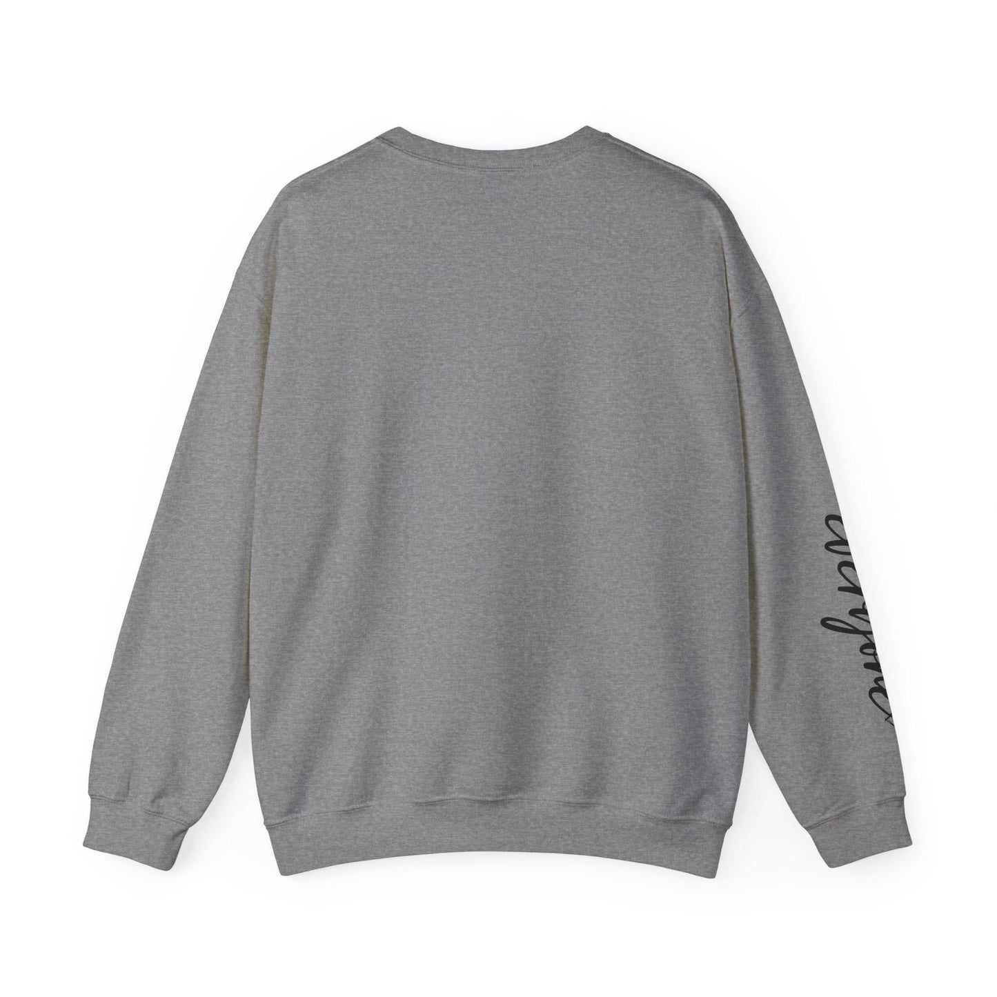 Back view of gray Limited Edition Script Hearts Sweatshirt with black script on sleeve, crewneck, and ribbed cuffs and hem