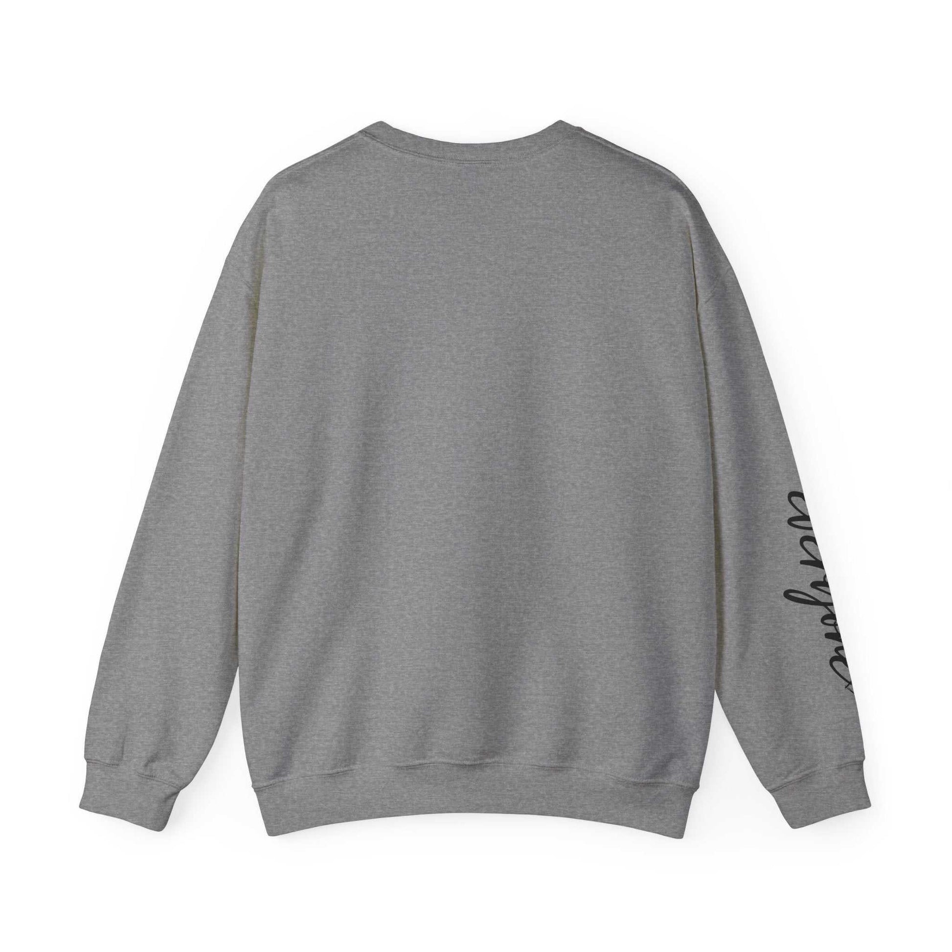 Back view of gray Limited Edition Script Hearts Sweatshirt with black script on sleeve, crewneck, and ribbed cuffs and hem