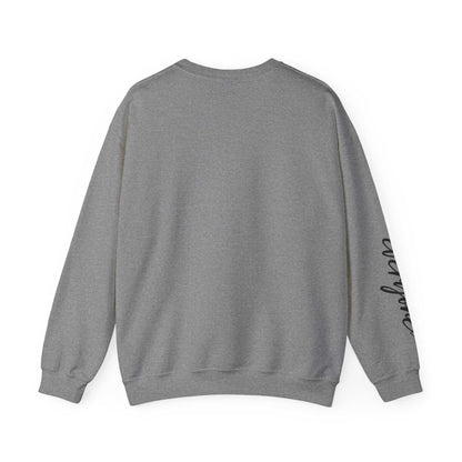 Back view of gray Limited Edition Script Hearts Sweatshirt with black script on sleeve, crewneck, and ribbed cuffs and hem