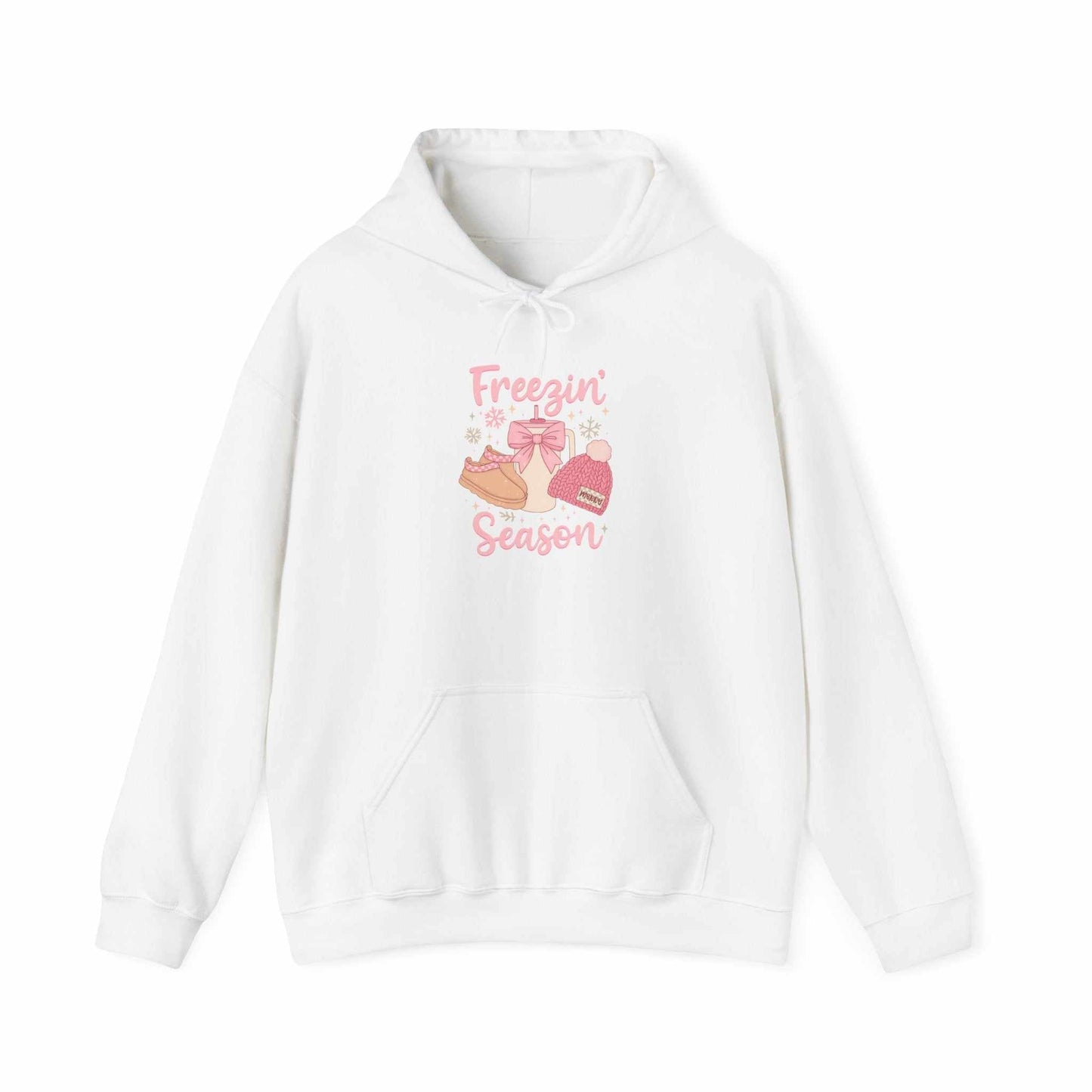 White cozy hoodie with winter boots, hat, mittens graphic and "Freezin' Season" text