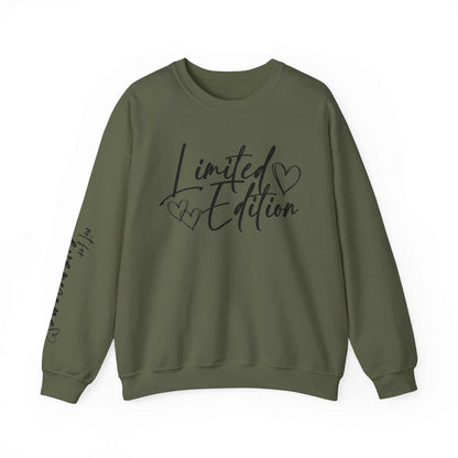 Olive green crewneck sweatshirt with black "Limited Edition" script and hearts on chest and sleeve