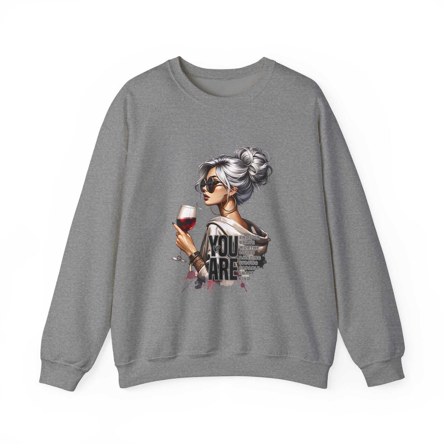 Gray crewneck sweatshirt with chic woman holding wine glass graphic and "You Are Loved" text