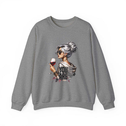Gray crewneck sweatshirt with chic woman holding wine glass graphic and "You Are Loved" text