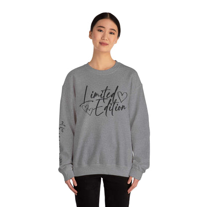 woman wearing gray Limited Edition Script Hearts Sweatshirt with black script and hearts on chest and sleeve