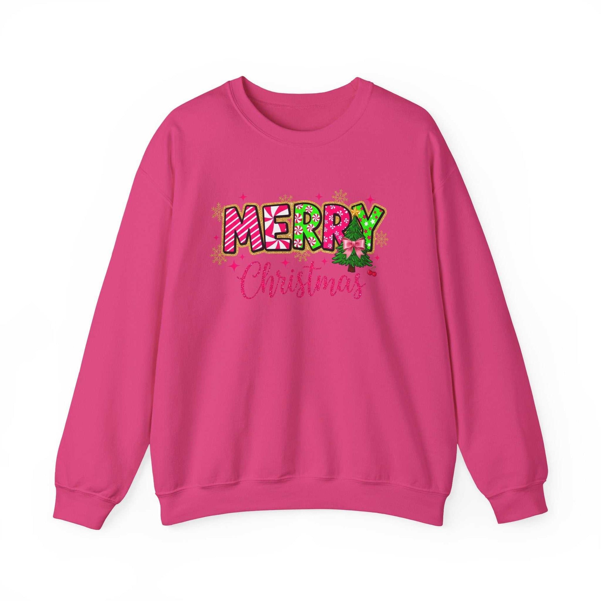 Pink crewneck sweatshirt with colorful Merry Christmas Candy Cane typography design on front