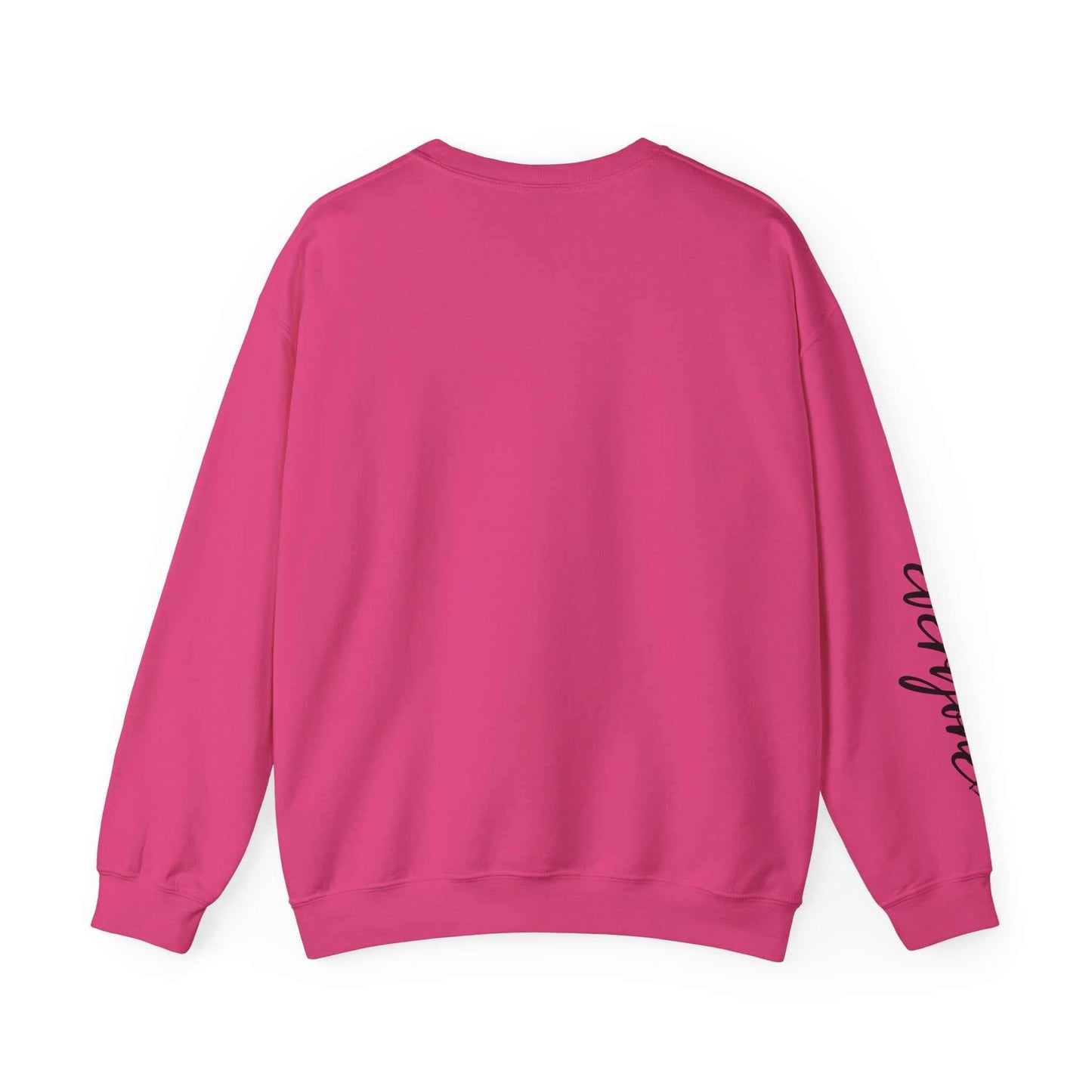 Pink crewneck sweatshirt with black script on sleeve, limited edition script hearts sweatshirt design