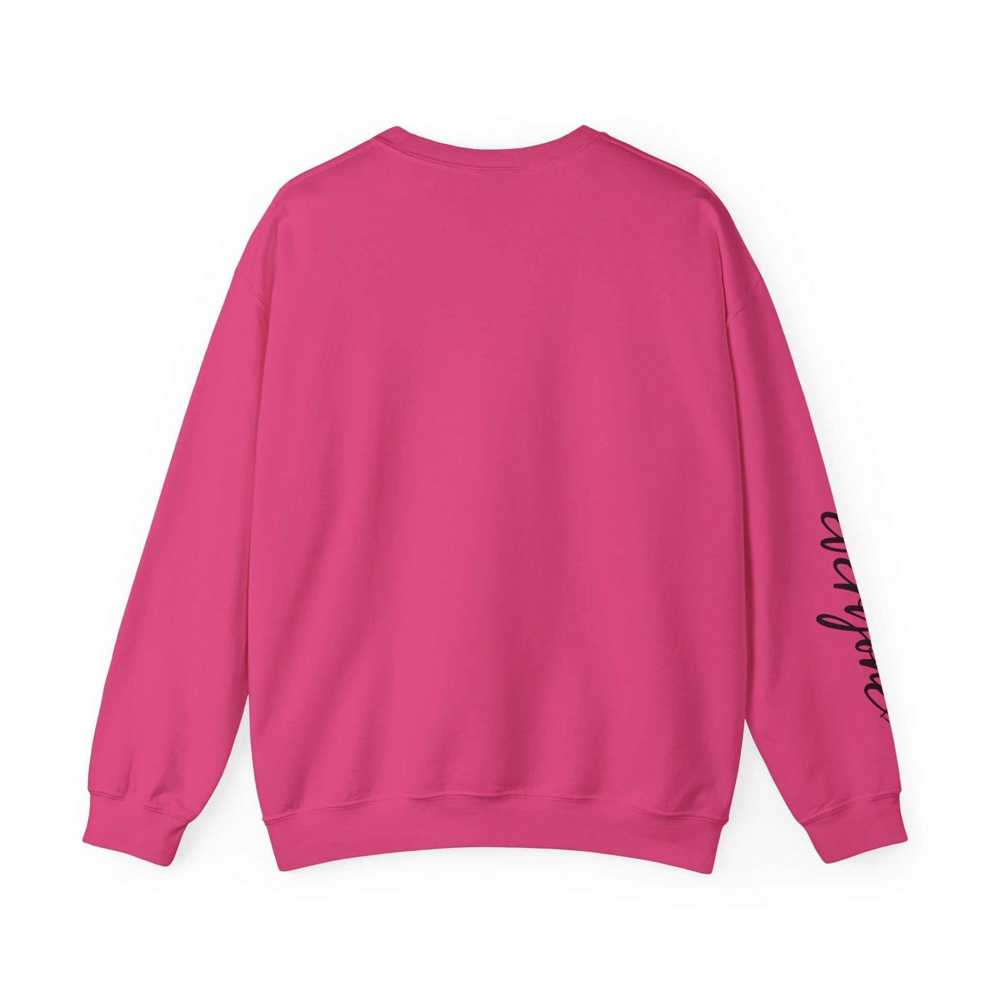 Pink crewneck sweatshirt with black script on sleeve, limited edition script hearts sweatshirt design