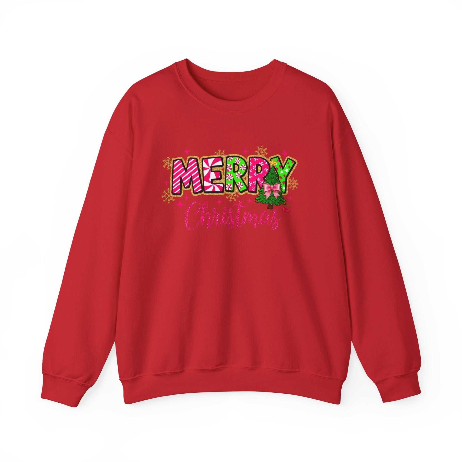 Red Merry Christmas Candy Cane typography sweatshirt with festive lettering and holiday motifs