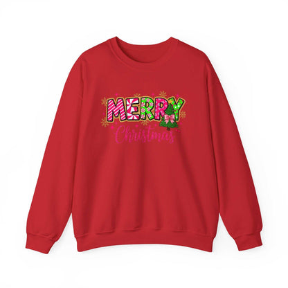 Red Merry Christmas Candy Cane typography sweatshirt with festive lettering and holiday motifs