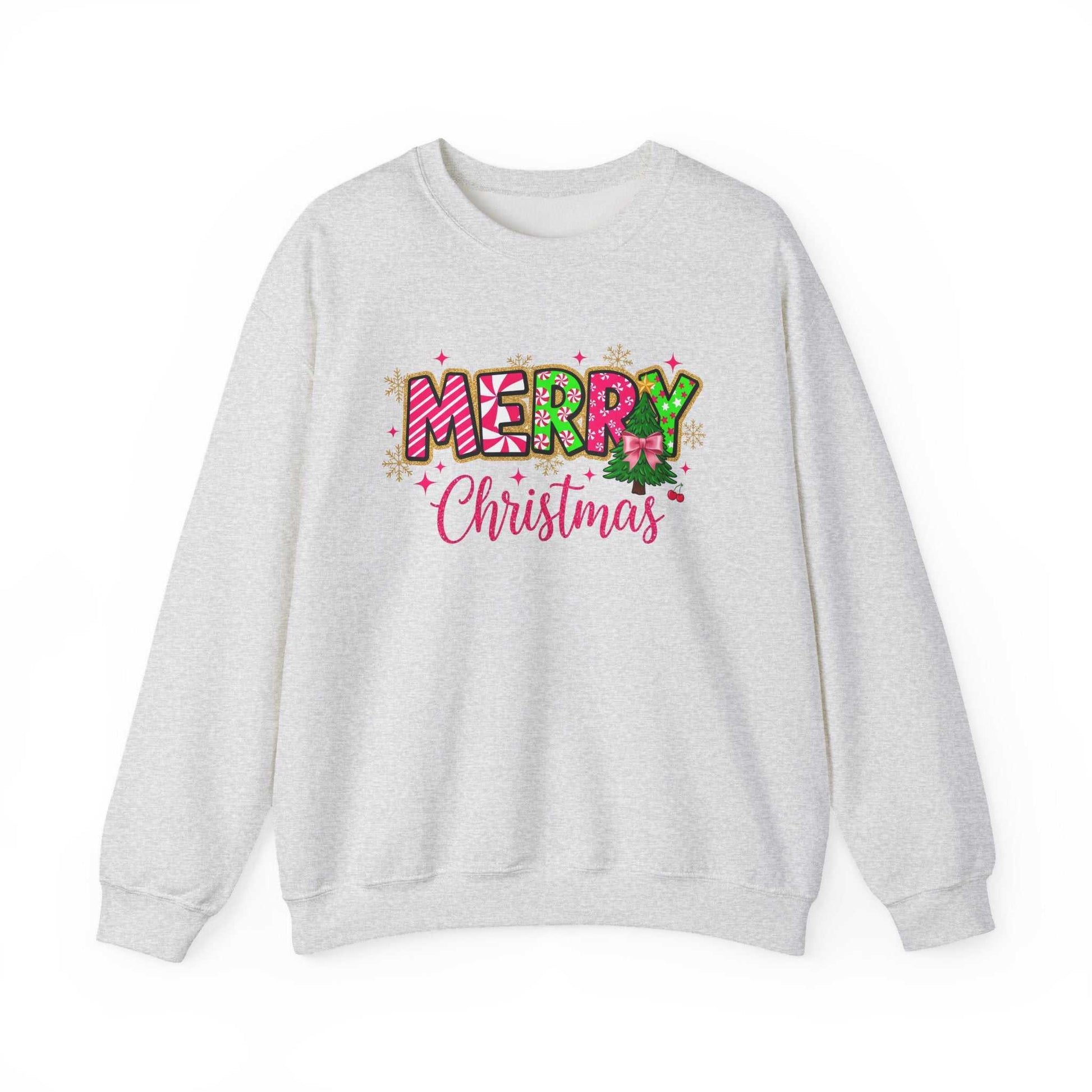 Merry Christmas Candy Cane typography sweatshirt in cozy cotton-blend fleece with colorful festive lettering
