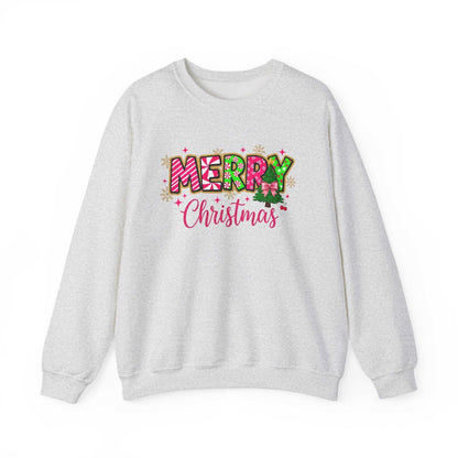 Merry Christmas Candy Cane typography sweatshirt in cozy cotton-blend fleece with colorful festive lettering