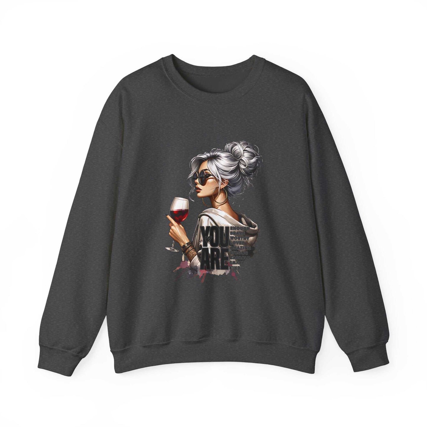 Chic woman with silver hair and sunglasses holding wine glass printed on cozy black crewneck sweatshirt