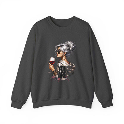 Chic woman with silver hair and sunglasses holding wine glass printed on cozy black crewneck sweatshirt