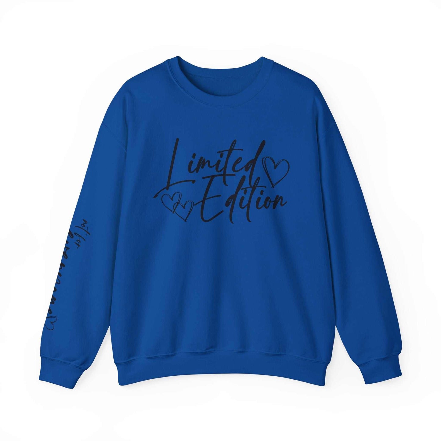 Blue crewneck sweatshirt with "Limited Edition" script and hand-drawn hearts on chest and sleeve