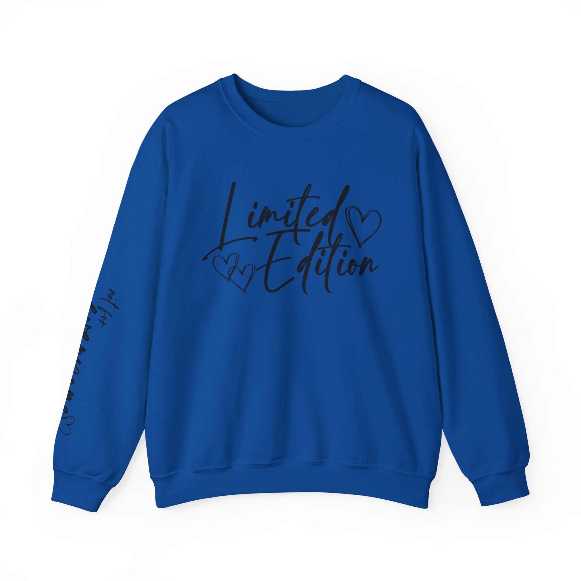 Blue crewneck sweatshirt with "Limited Edition" script and hand-drawn hearts on chest and sleeve