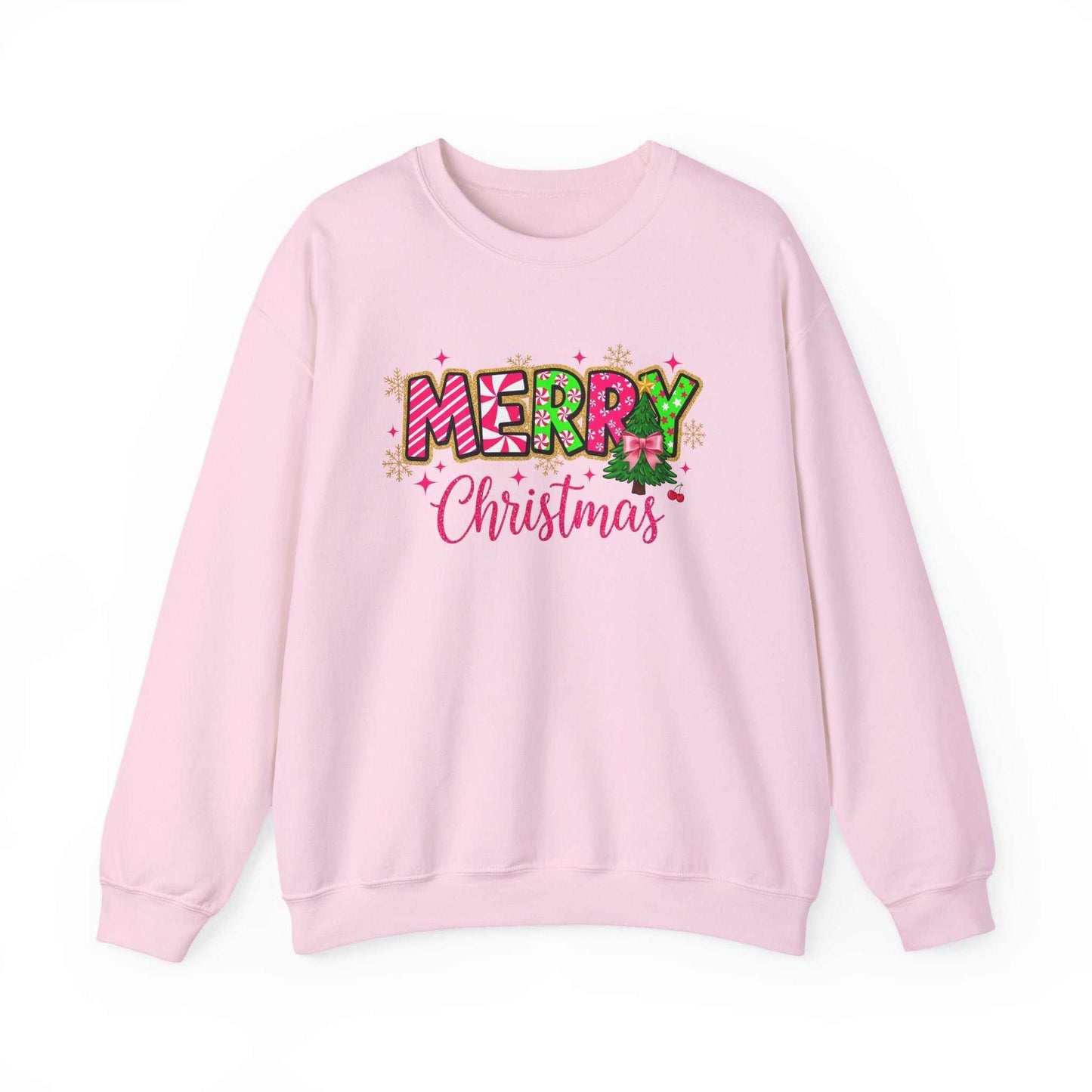 Pink Merry Christmas Candy Cane typography sweatshirt with festive lettering and crewneck design