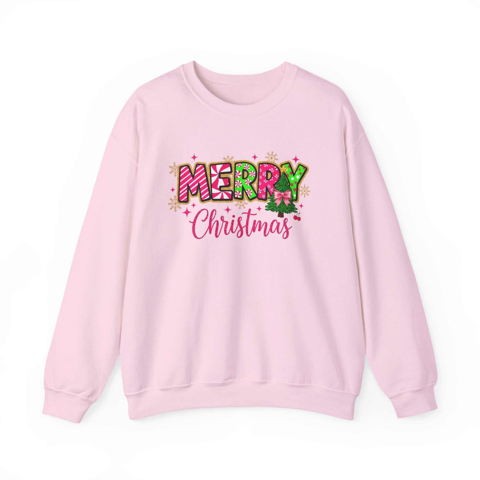 Pink Merry Christmas Candy Cane typography sweatshirt with festive lettering and crewneck design