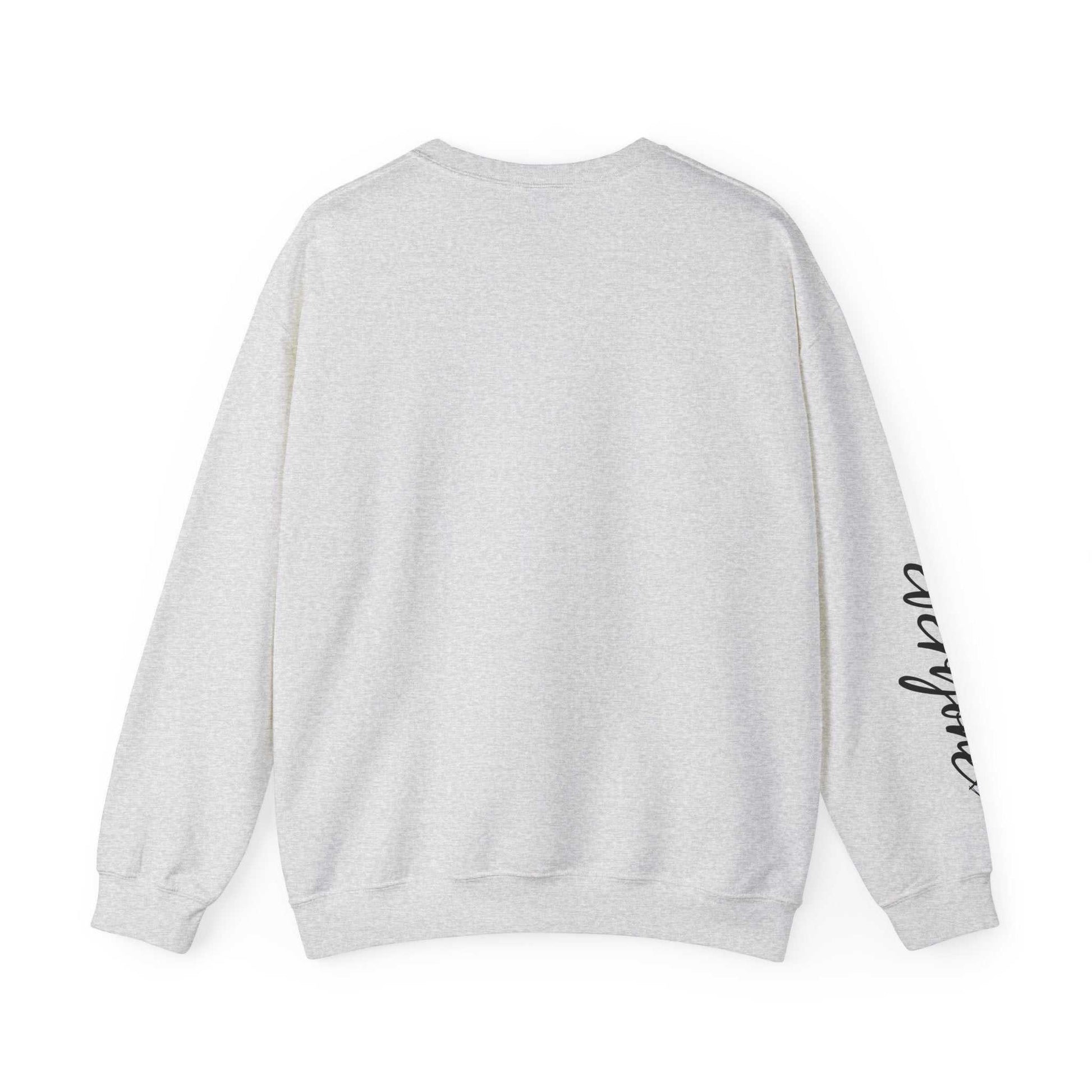 White crewneck sweatshirt with black "Limited Edition" script and hearts on chest and sleeve, relaxed fit, tubular knit, cotton-poly blend
