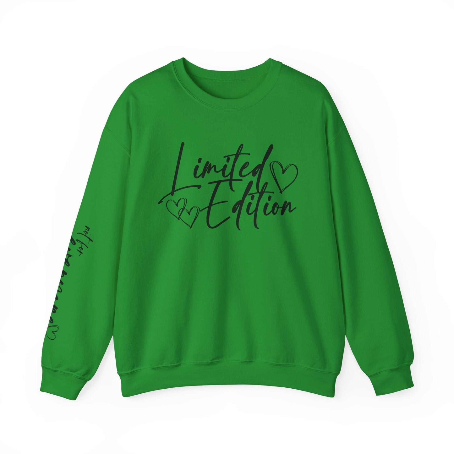 green crewneck sweatshirt with limited edition script hearts design on chest and sleeve