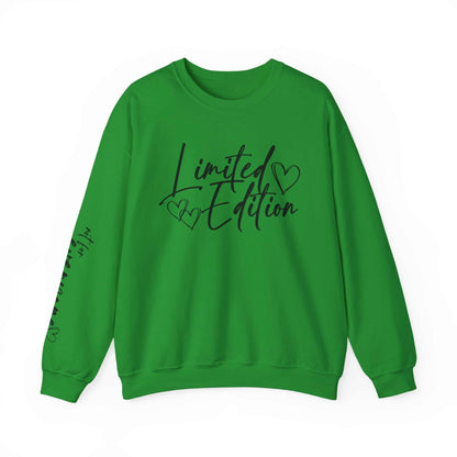 green crewneck sweatshirt with limited edition script hearts design on chest and sleeve
