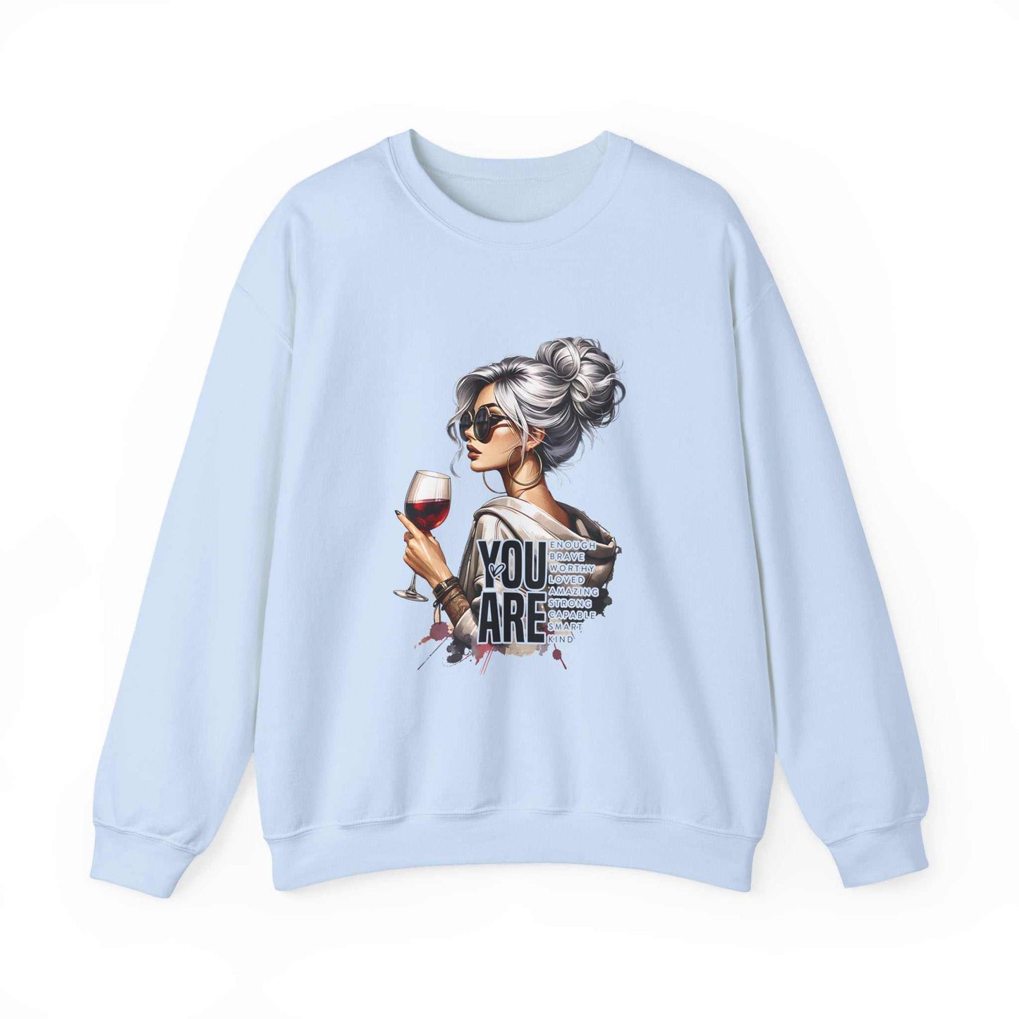 Light blue chic woman with wine sweatshirt featuring graphic of silver-haired woman holding wine glass and "You Are Loved" text