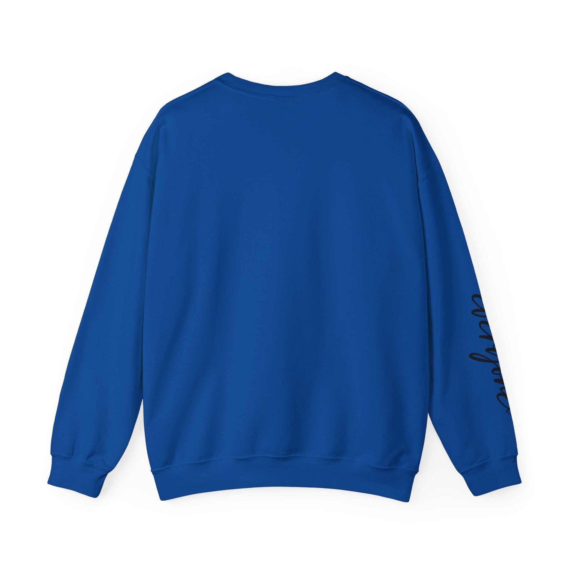 Blue crewneck sweatshirt with sleeve script detail limited edition script hearts sweatshirt