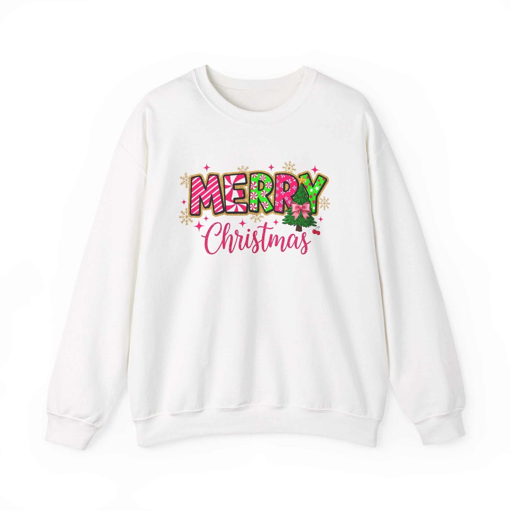 White crewneck sweatshirt with colorful Merry Christmas Candy Cane typography and holiday decorations
