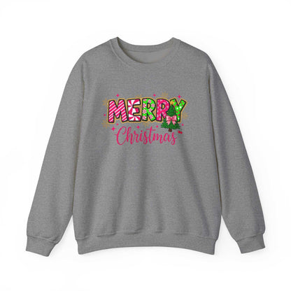 Gray crewneck sweatshirt with colorful Merry Christmas Candy Cane typography design on front