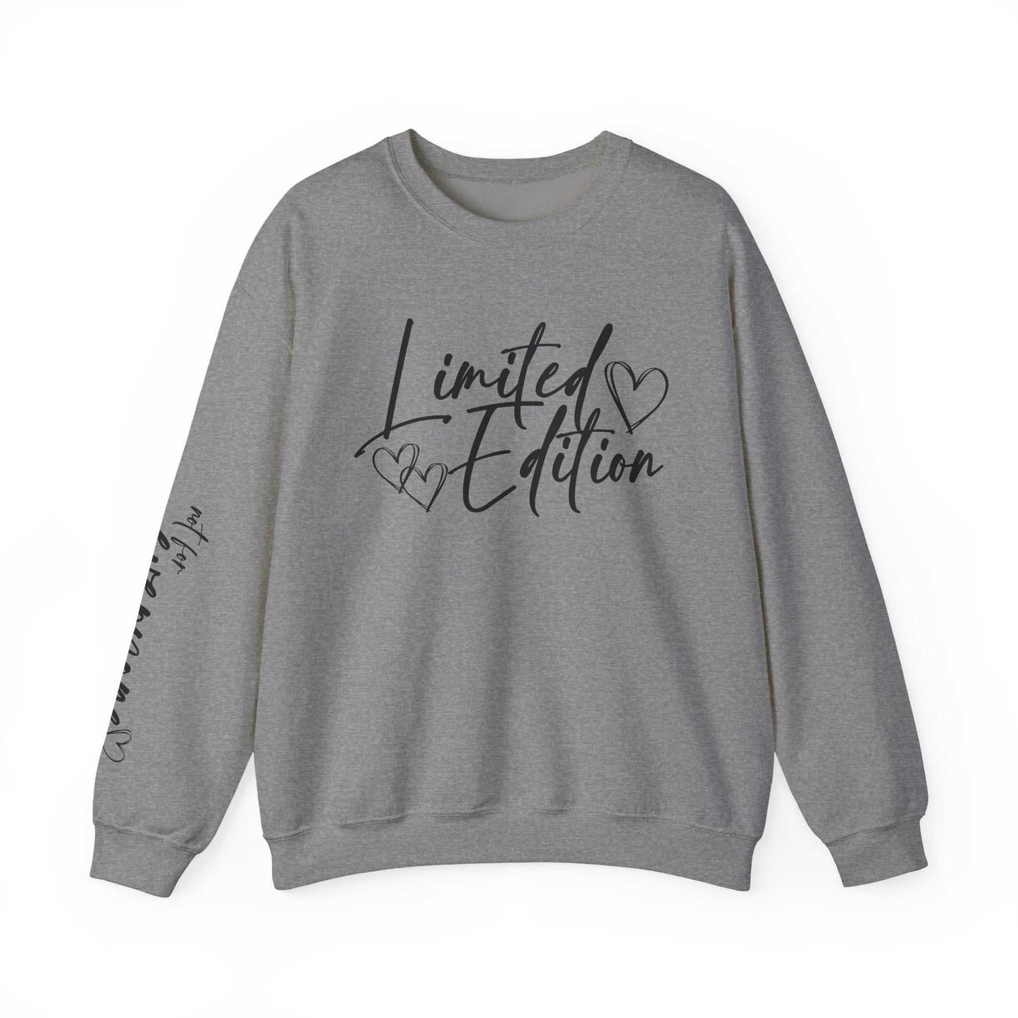 Gray Limited Edition Script Hearts Sweatshirt with black heart and script designs on chest and sleeve