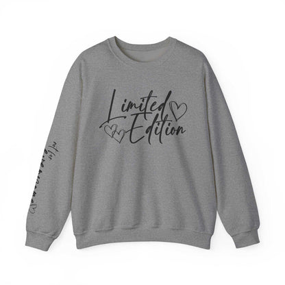 Gray Limited Edition Script Hearts Sweatshirt with black heart and script designs on chest and sleeve
