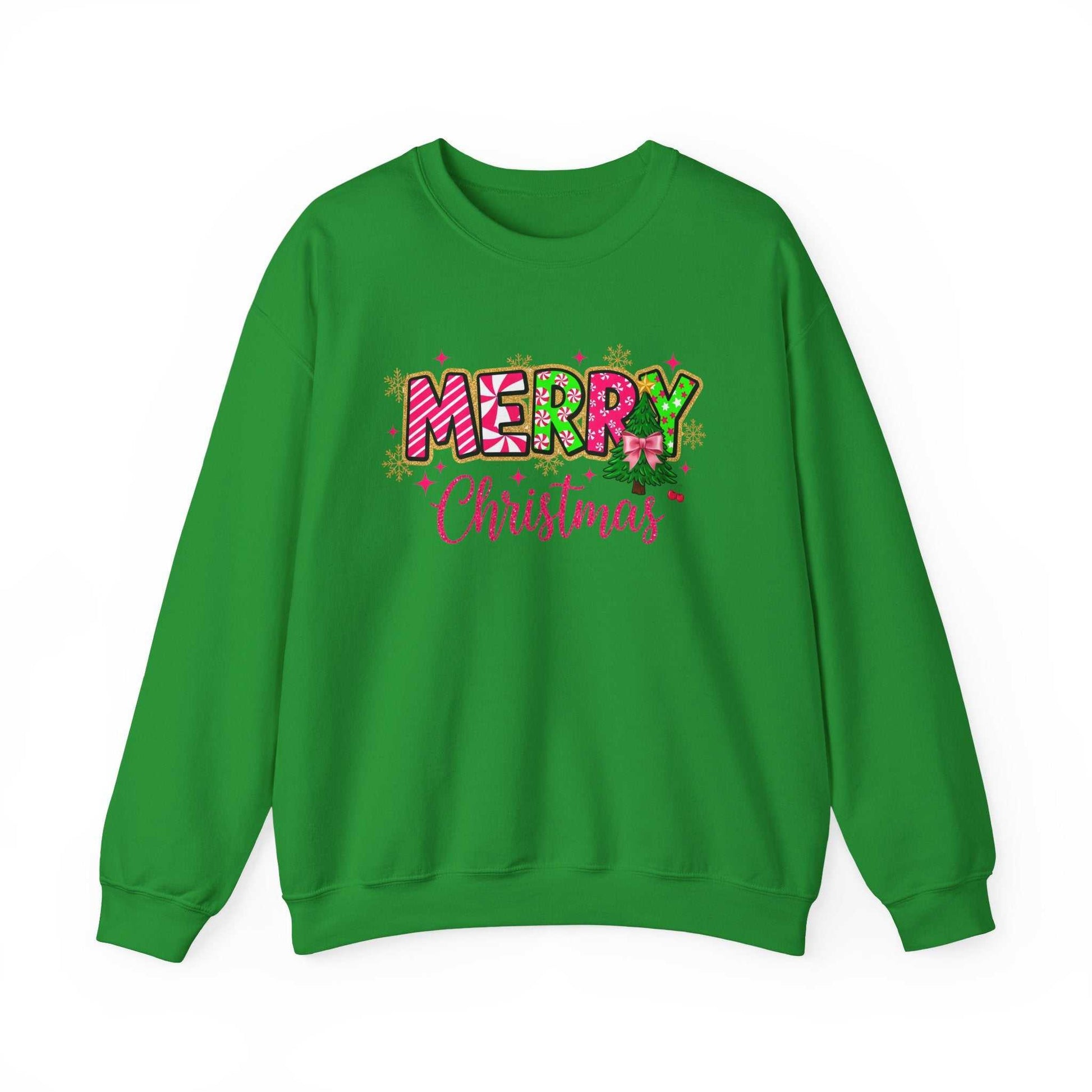 green crewneck sweatshirt with colorful Merry Christmas Candy Cane typography design