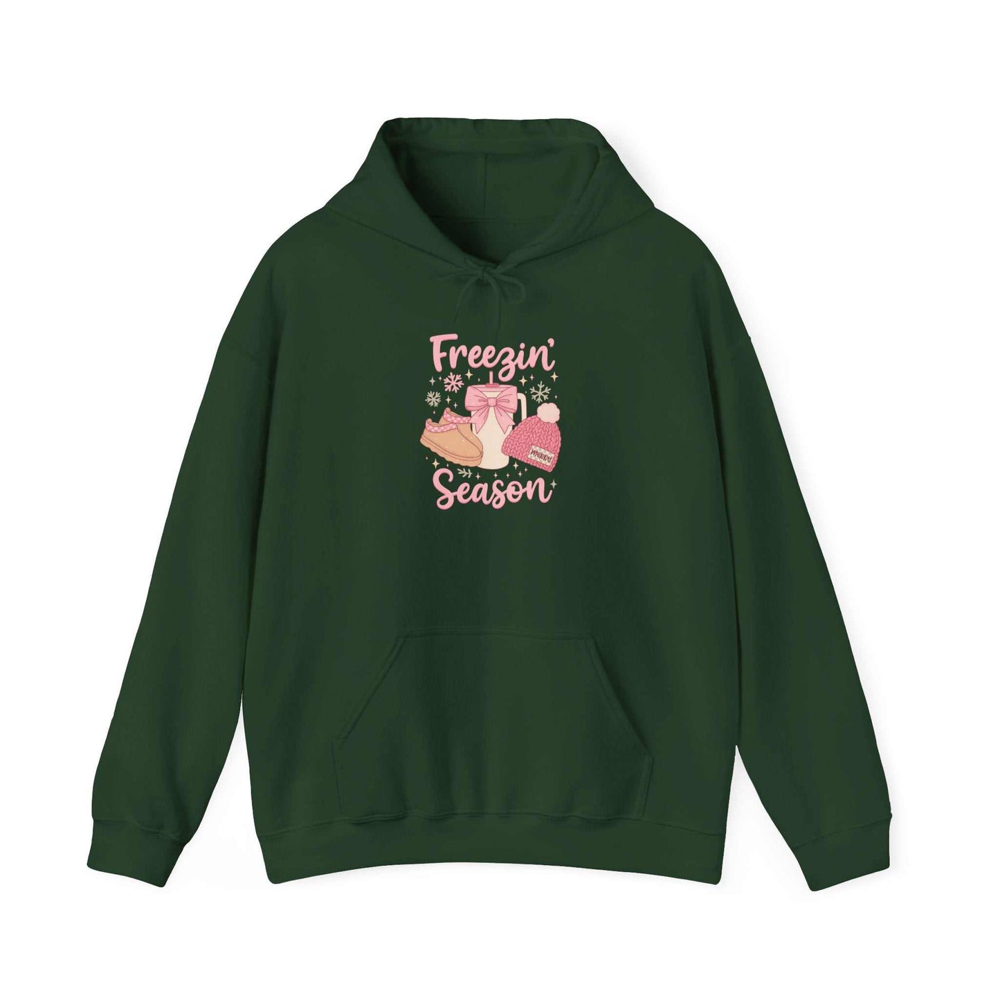 green hoodie with winter boots hat mittens graphic and freezin' season text