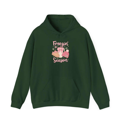 green hoodie with winter boots hat mittens graphic and freezin' season text