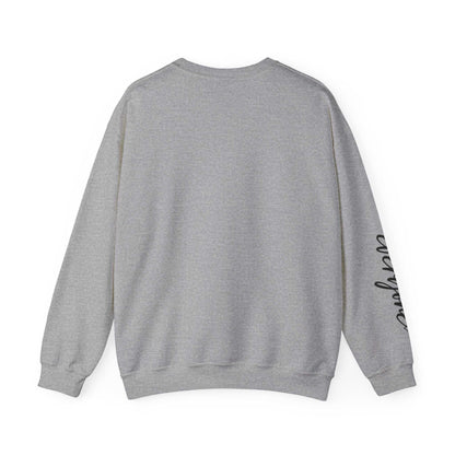 Gray crewneck sweatshirt with script detail on sleeve, relaxed fit, and ribbed collar, Limited Edition Script Hearts Sweatshirt design.