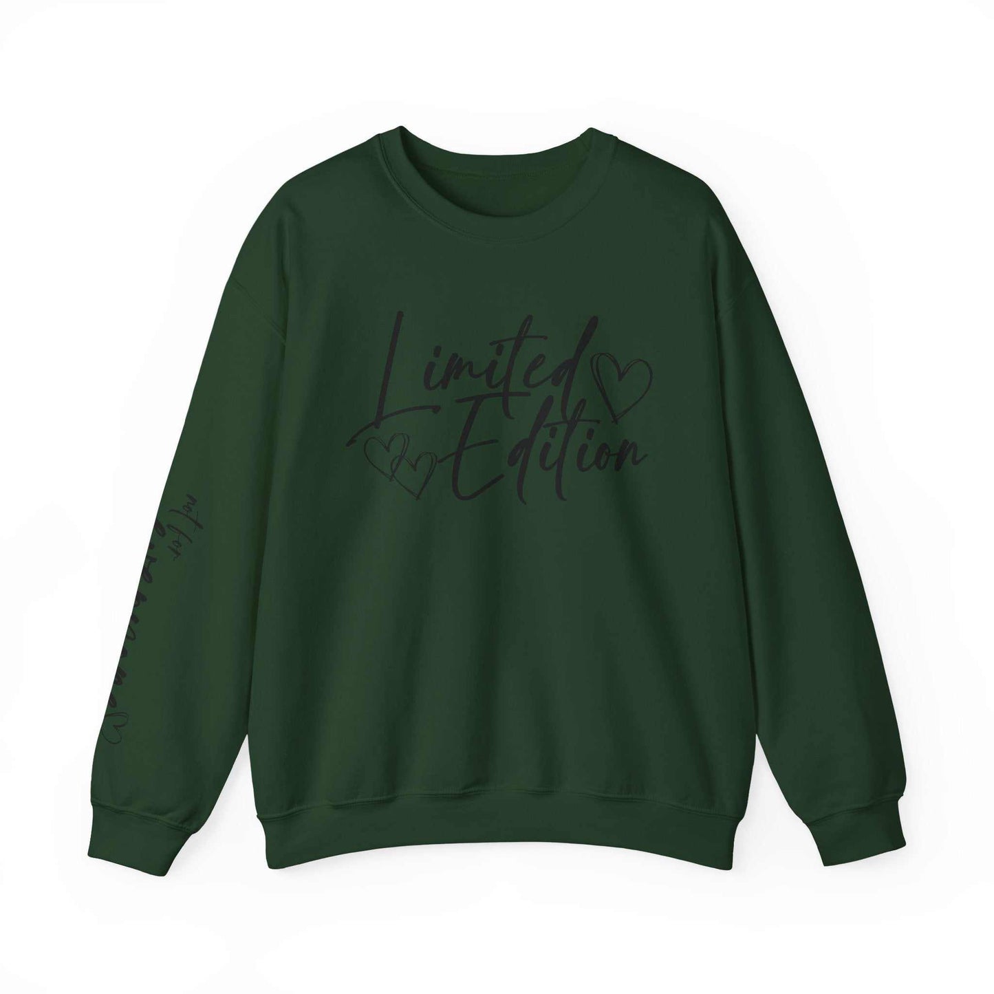 Dark green Limited Edition Script Hearts Sweatshirt with black script and hearts on chest and sleeve, crewneck style