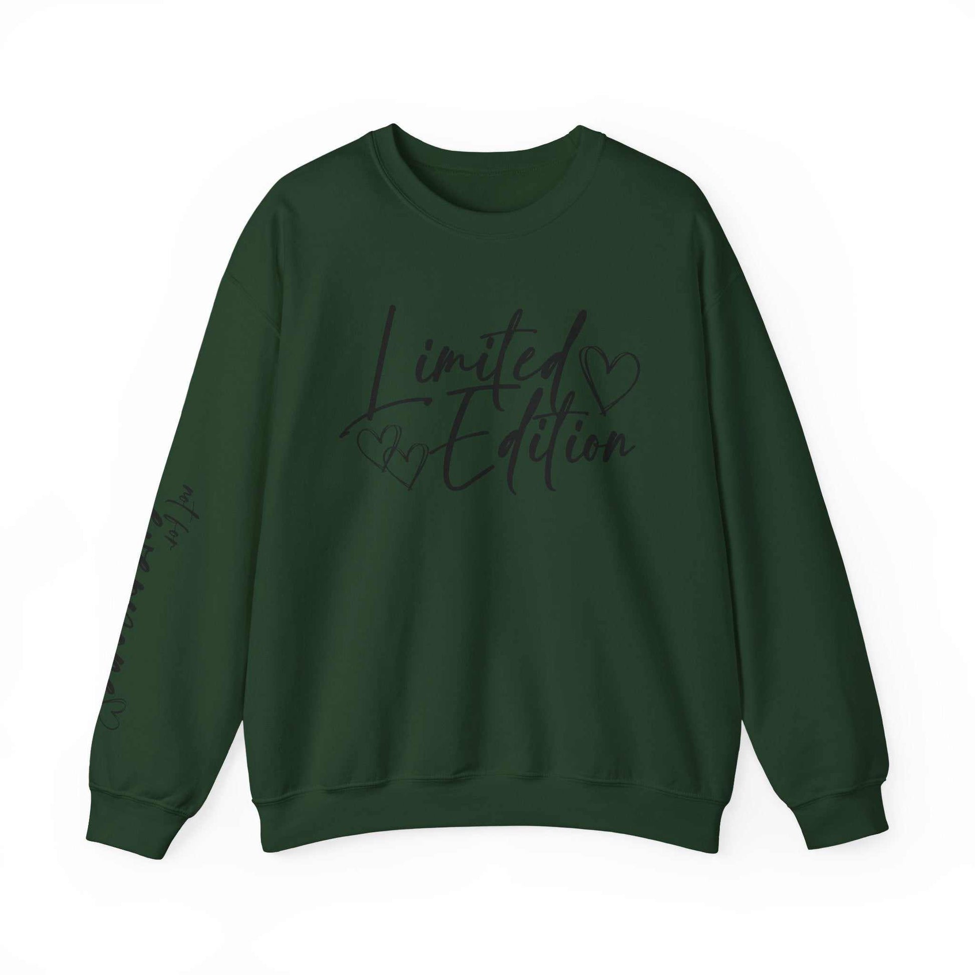 Dark green Limited Edition Script Hearts Sweatshirt with black script and hearts on chest and sleeve, crewneck style