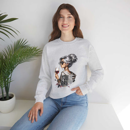 Chic Woman with Wine Sweatshirt featuring silver-haired woman with sunglasses holding wine glass, cozy crewneck design